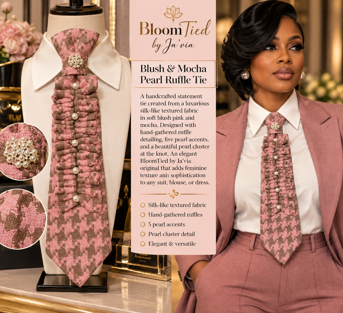 Custom Blush & Mocha Pearl Ruffle Tie
